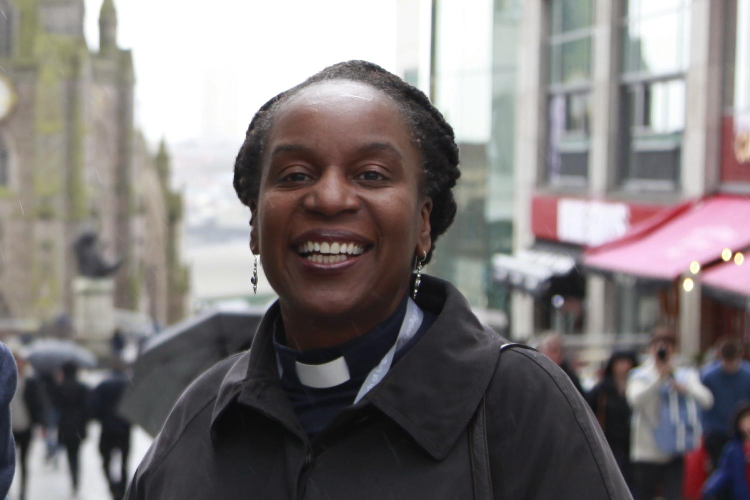 Sharon Prentis on a busy street in Birmingham town centre