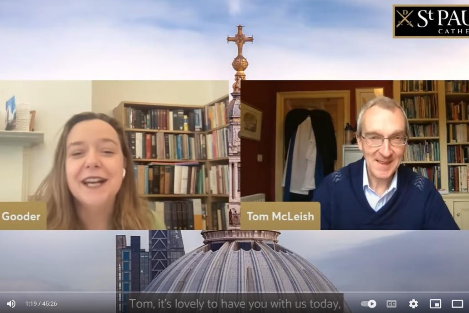 An image from the online conversation with Paula Gooder on screen alongside Tom McLeish