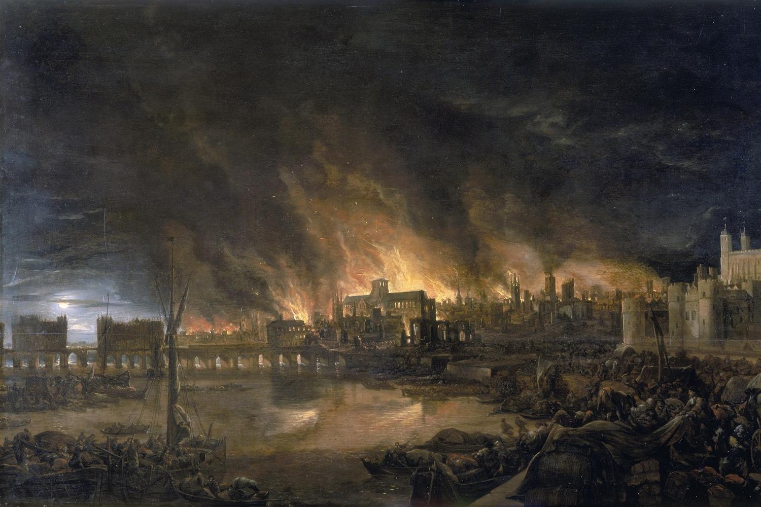 A painting of the city on fire during the great fire of London