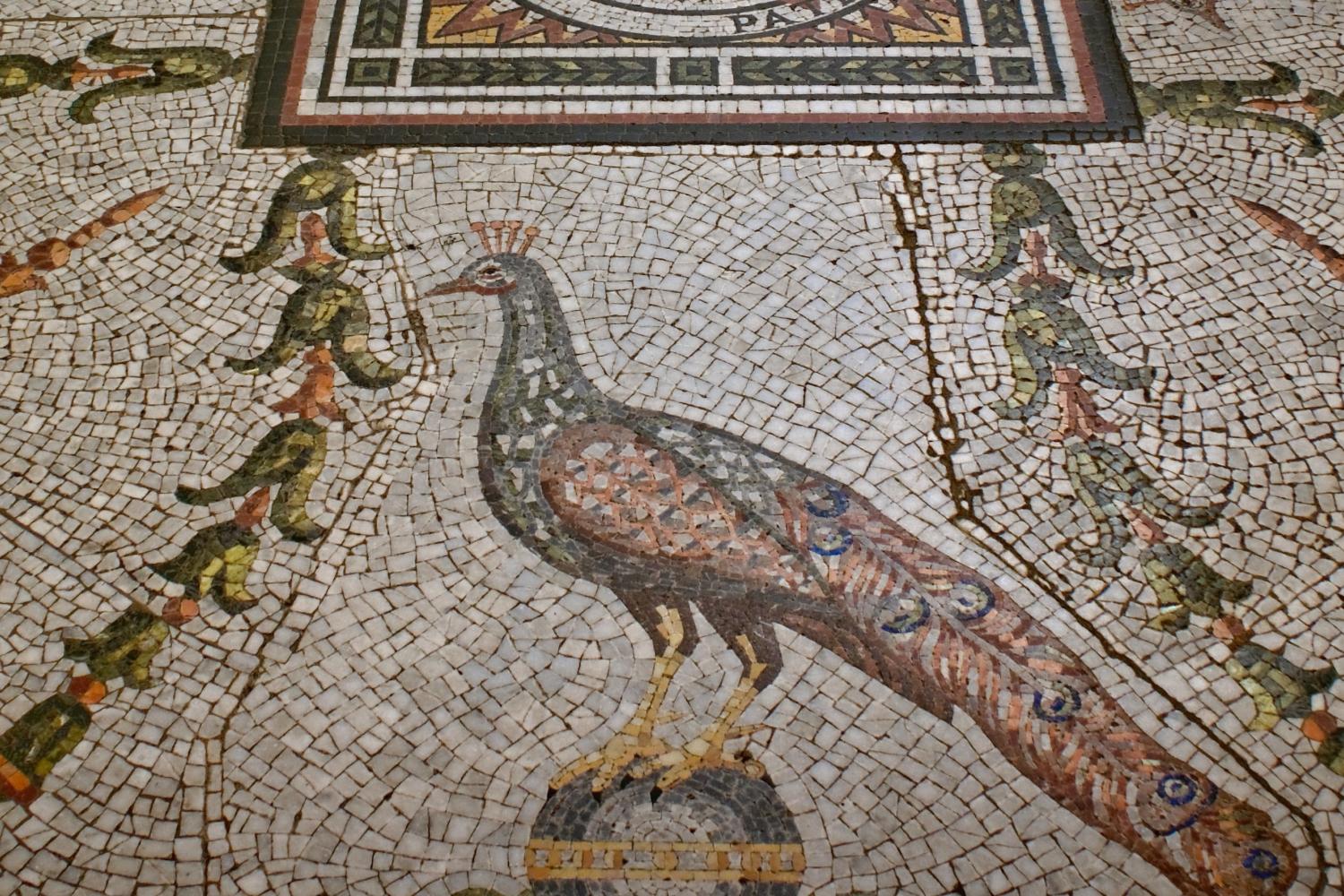mosaic tiles in the floor of the crypt showing peacocks