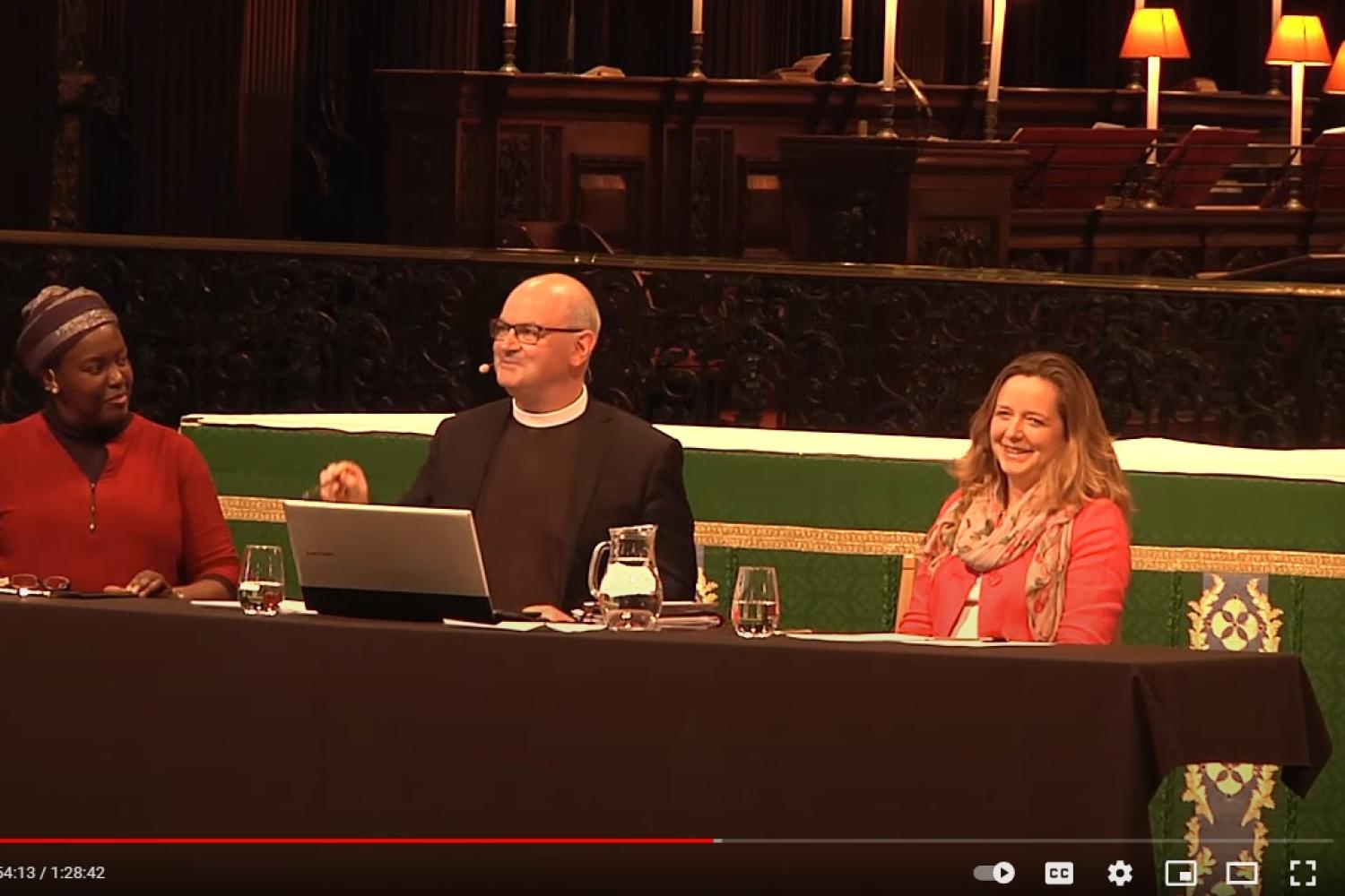 Kate Coleman, Paula Gooder and Mark Oakley speaking in St Paul's Cathedral