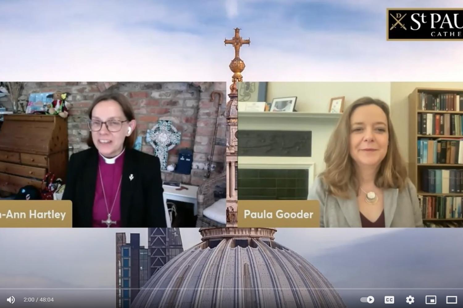 A screenshot of the online conversation between Bishop Helen-Ann Hartley and Paula Gooder