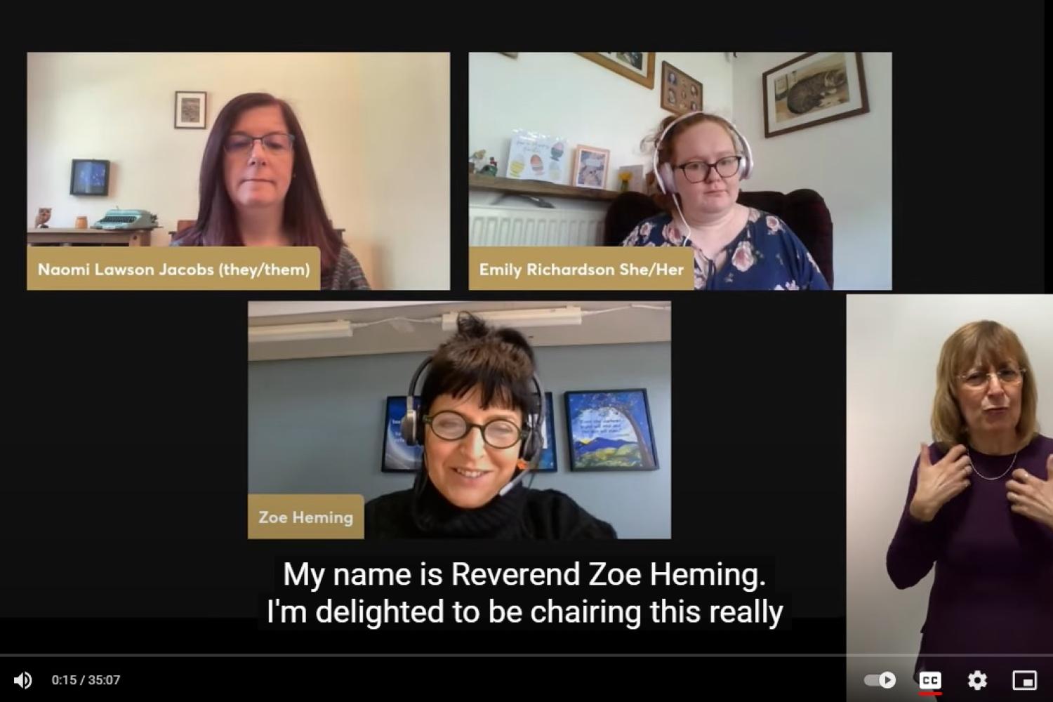 A screenshot of the online conversation showing the speakers and the BSL translator.