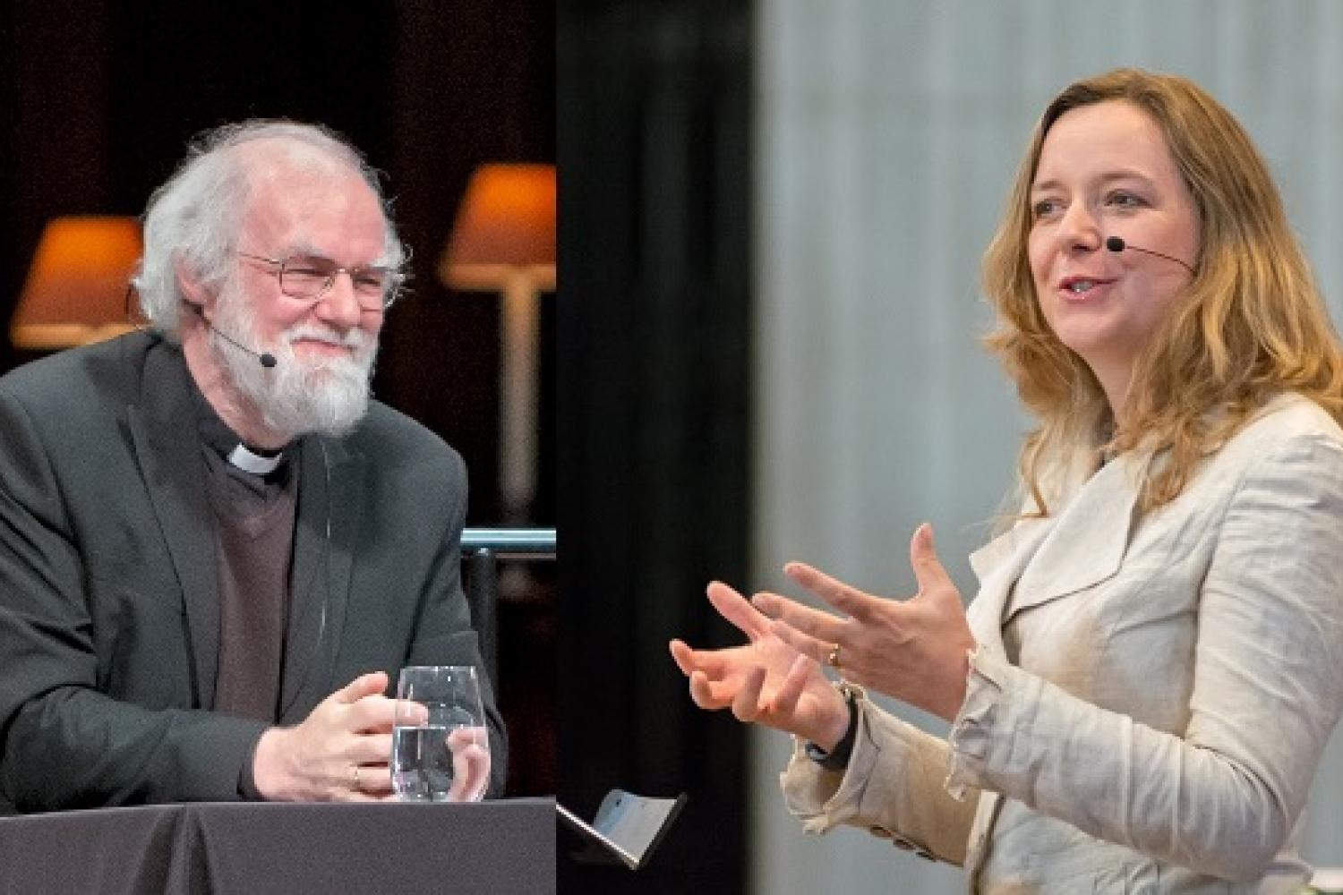 Rowan Williams sitting on stage with the lamps of the quire in the background alongside a picture of Paula Gooder, hands palm upwards in front of her, standing with a pillar and a corner of a wooden lectern in the background.