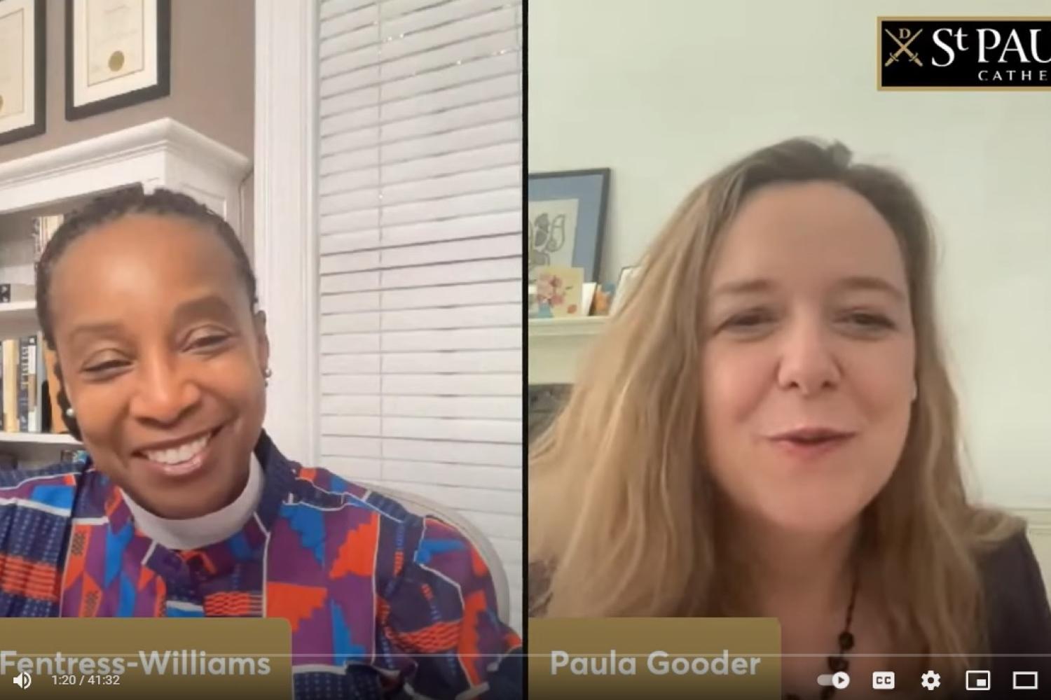 A screen shot of Judy Fentress-Williams, a black woman black hair tied back, wearing a clerical collar and a brightly patterned top and sitting in front of a bookcase and window with white wooden blinds, and Paula Gooder, a white woman with long blond hair sitting beside a pale painted wall with a corner of a fireplace behind her.