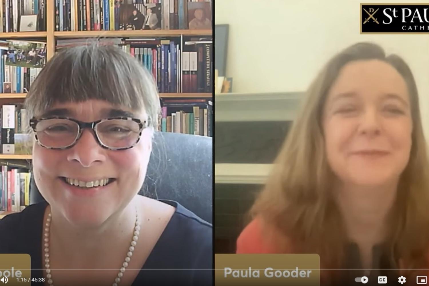 A screenshot of Eve Poole and Paula Gooder smiling during their online conversation.