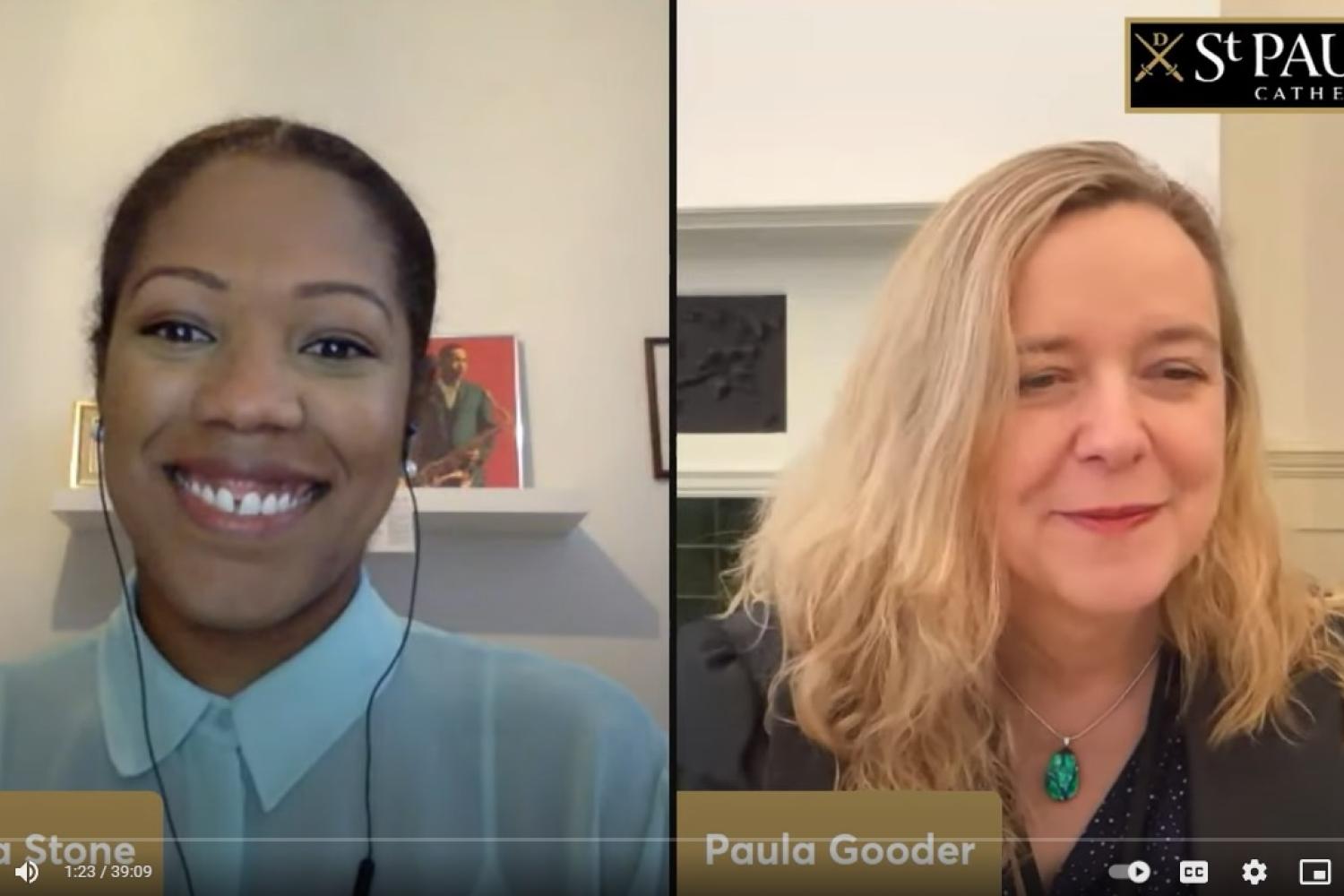Selina Stone, a black woman with long hair tied back wearing a pale blue blouse, and Paula Gooder, a white woman with long blond hair wearing a dark suit jacket, on screen together in conversation,