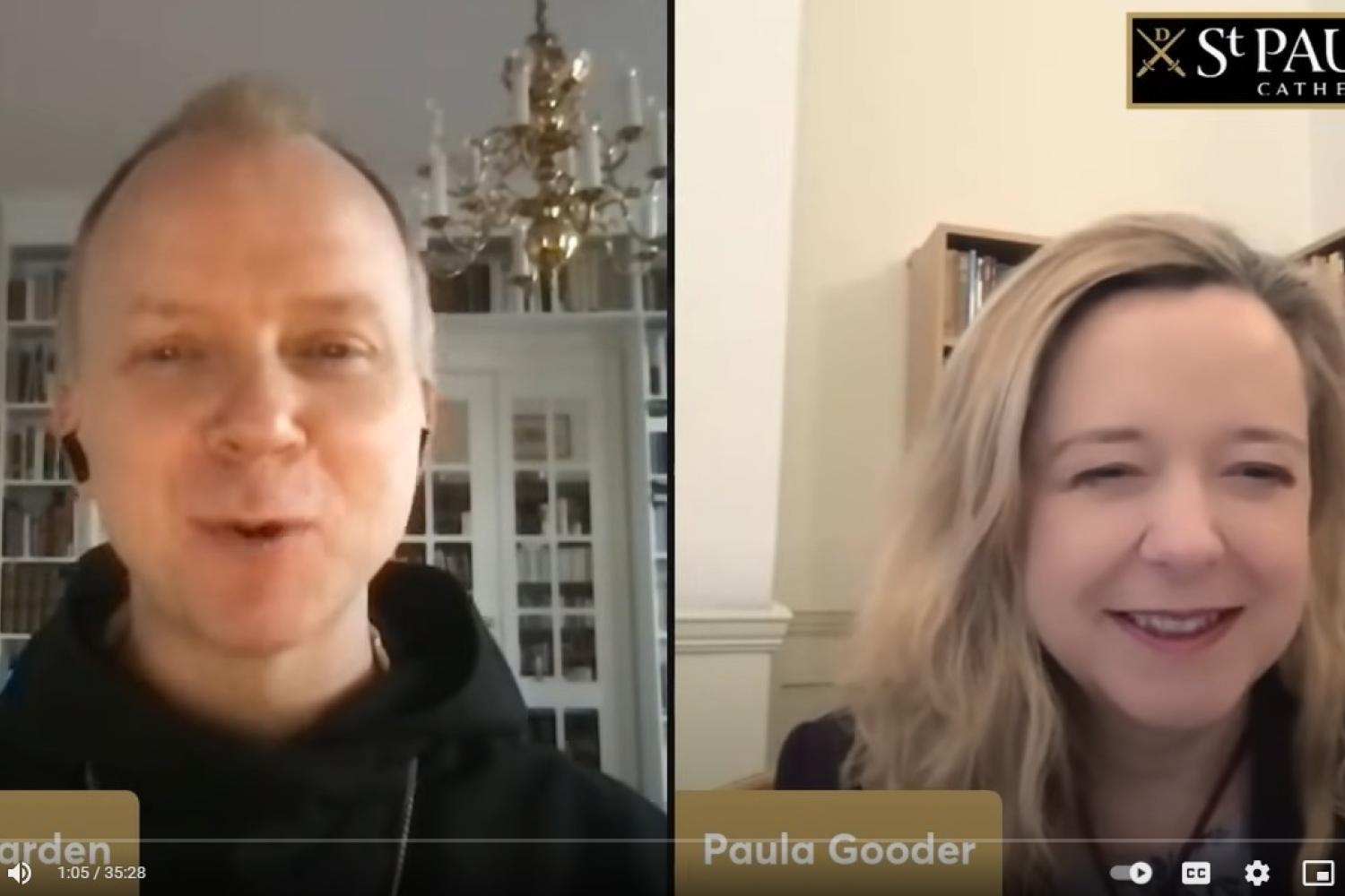 a screenshot of Paula Gooder and Erik Varden in an online coversation