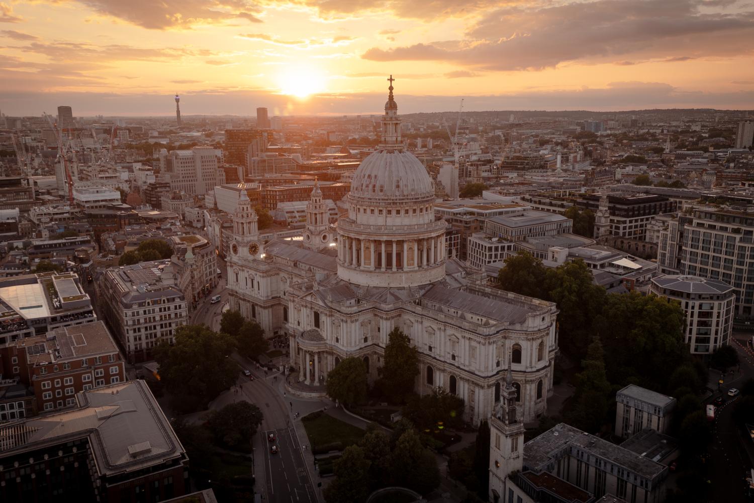 St Paul's viewed from above at sunset.