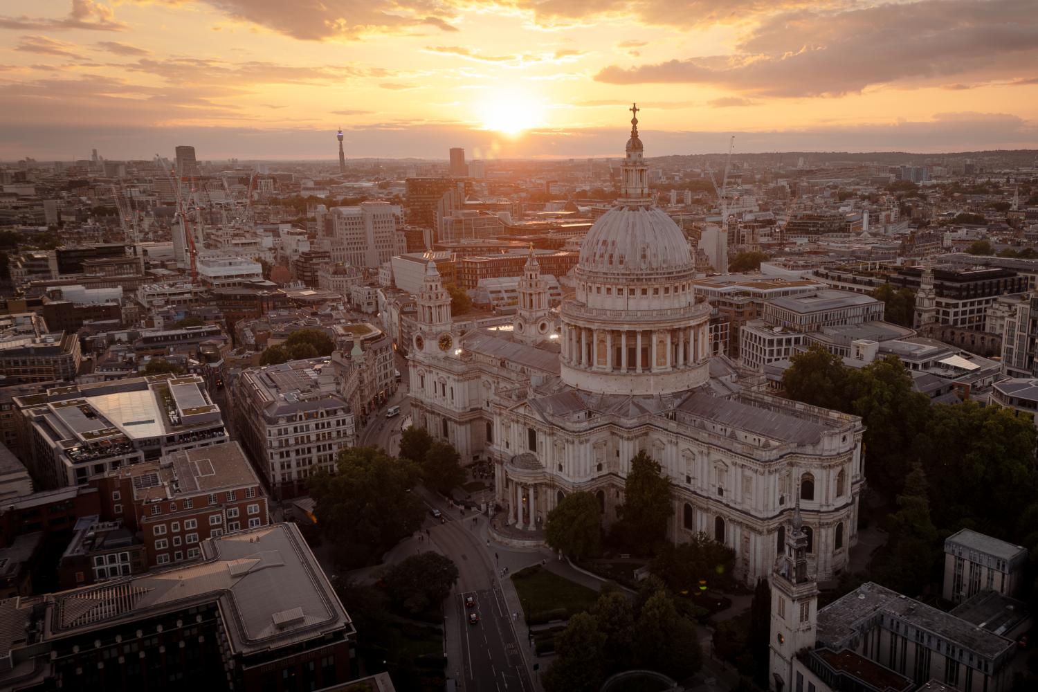 St Paul's viewed from above at sunset.