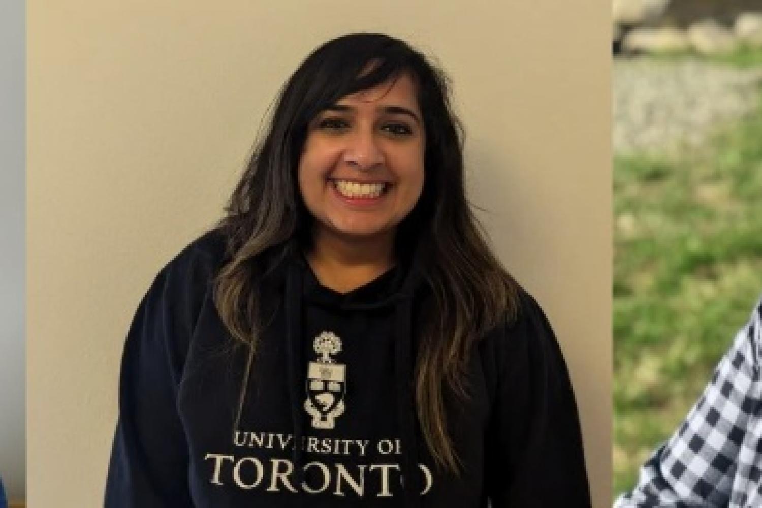A woman with short grey hair wearing a blue sweater, a woman with long dark hair wearing a black hoodie and a man with blond hair and glasses wearing a checked shirt