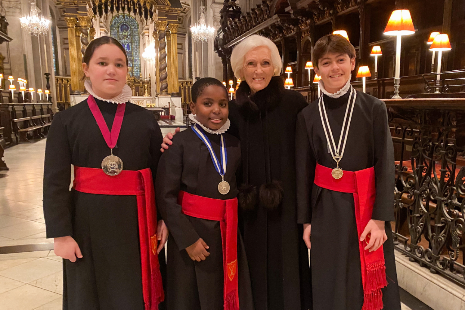 Mary Berry with Choristers Anastasia, Buchi and Hugo.