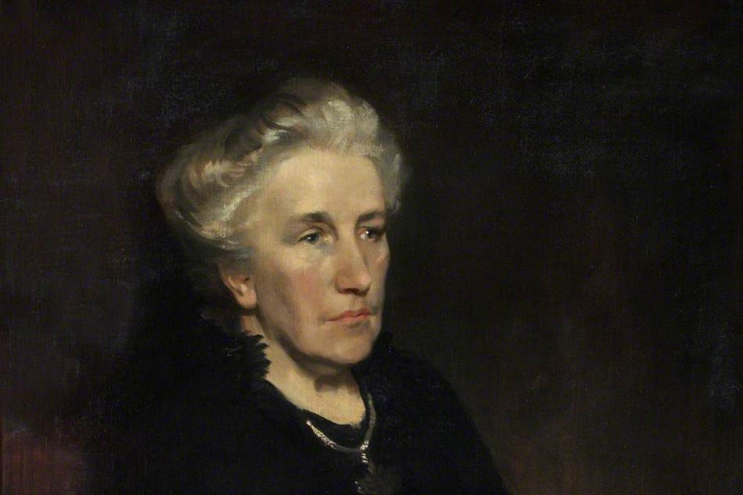 A painting of Louise Creighton, activist. Louise is depicted in later life, seated with her hands folded in her lap. She wears a plain black dress and large silver cross on a chain. Her grey hair is worn in a bun.