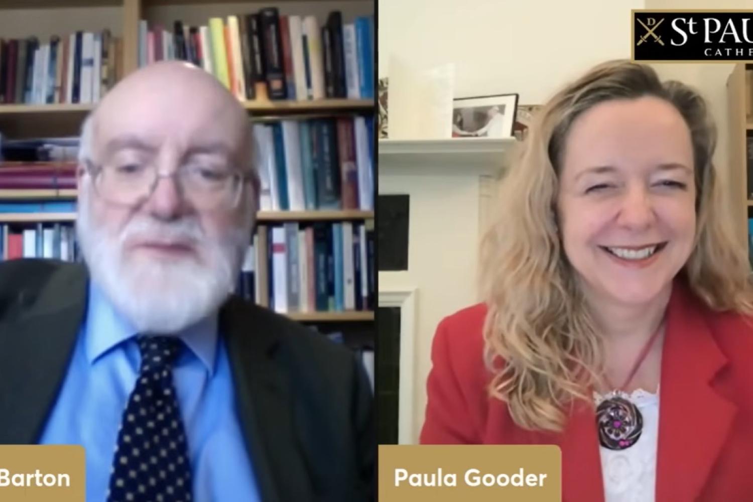 A screen grab from the film with John Barton alongside Paula Gooder