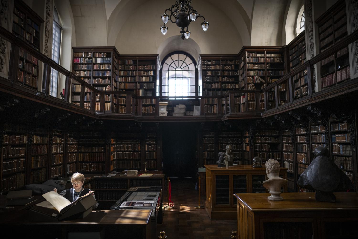 The Library of St Paul's Cathedral. Librarian Anna is reading a manuscript, lit by a sunbeam from the arched window behind.