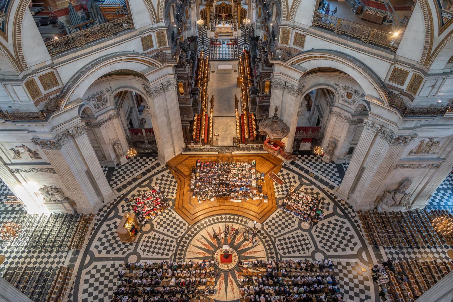 Looking down from the Whispering Gallery onto a concert under the Dome.
