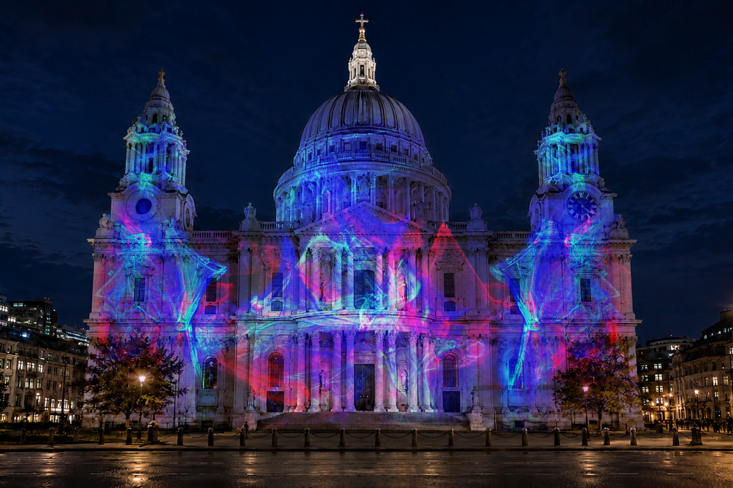A visualisation of 'Soul' by Mykola Kabluka. Colourful lights are projected onto the west front of the Cathedral.