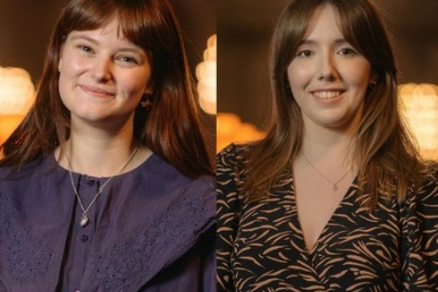 Two images of young women with long dark hair smiling and standing before some lights in the background