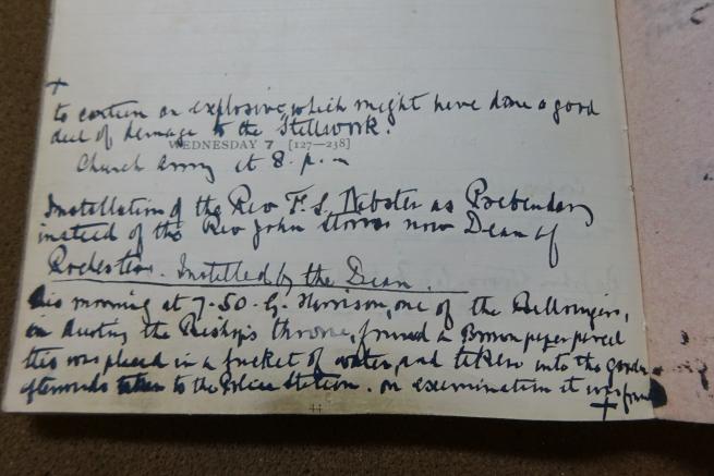 Entry from the Virger’s Diary, 7 July 1913, describing the discovery of an explosive device beneath the Bishop’s Throne (Ref. No. LRat/126)