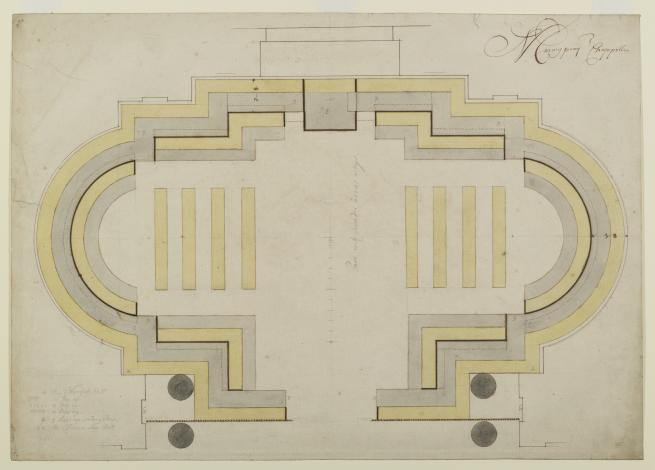 A near-final study for the layout of the Morning Prayer Chapel, drawn and annotated by Hawksmoor, c.1693-94. (WRE/4/3/1)