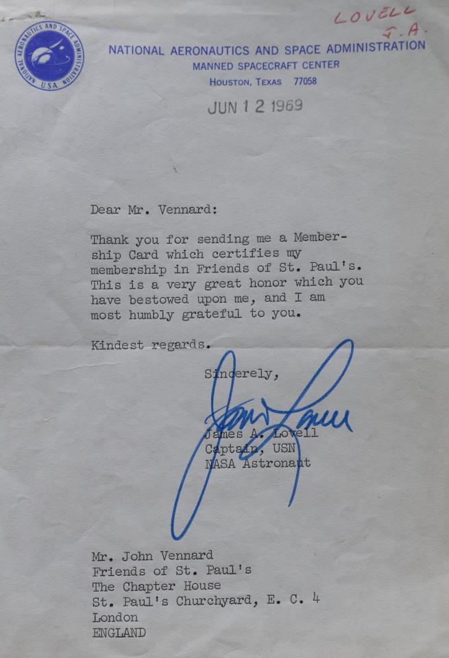 A letter from the astronaut Jim Lovell, thanking the Friends of St Paul's for his honorary membership