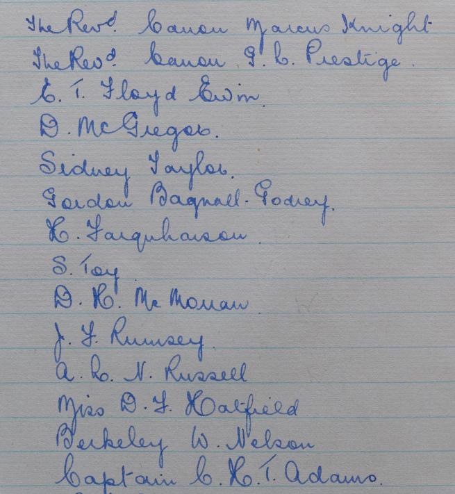 A handwritten list of original members of the Friends of St Paul's