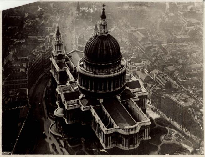 A black and white aerial photo of the Cathedral 