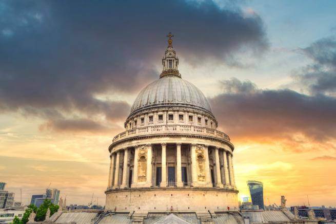 The Cathedral Dome is shown with sunset in the background