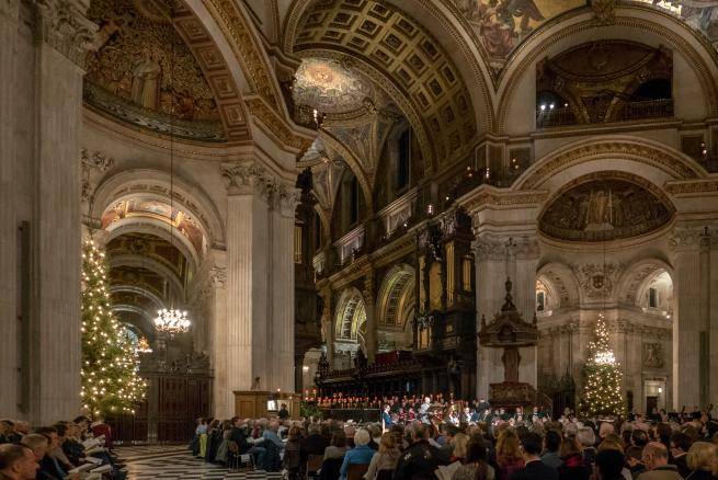 Congregation in the Cathedral for an Advent service with Christmas trees lit