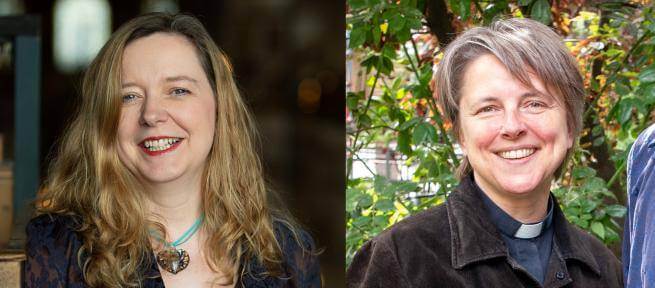 The photograph shows Paula Gooder and Lucy Winkett, alongside each other in separate photographs. Paula Gooder is a white woman with long wavy blond hair wearing a blue necklace and dark blue jacket. Lucy Winkett is a white woman with short brown hair wearing a clerical collar in a dark blue shirt and a dark grey jacket.