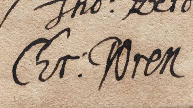 A photo of the signature of Sir Christopher Wren