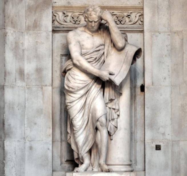 The monument to Samuel Johnson depicts him leaning on a column, dressed in antique drapes, and contemplating a scroll