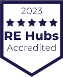 A dark blue shield shape containing the words RE Hubs Accredited 2023 and five stars