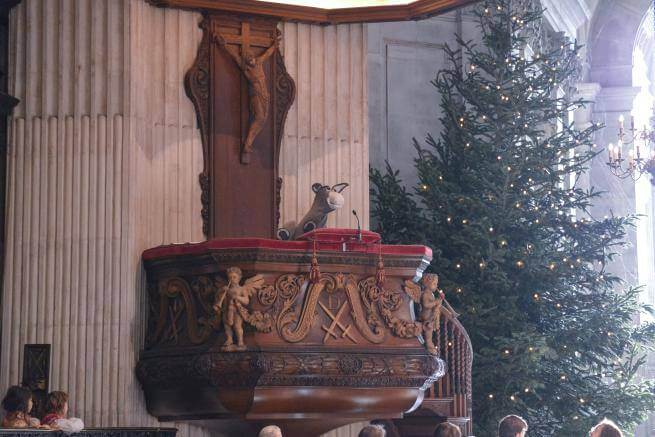 A donkey puppet in the pulpit of St Paul's