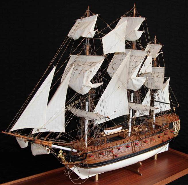 • A model of an East India Company ship called Falmouth, built in 1752, weighing 499 tonnes and featuring 26 guns. Made by Stepney Community Trust for a previous project on the Company's sailing vessels and their technological and scientific evolution.