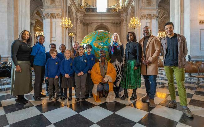 Pupils from St Mary's Islington with art project 'The World Reimagined' founder, Michelle Gayle