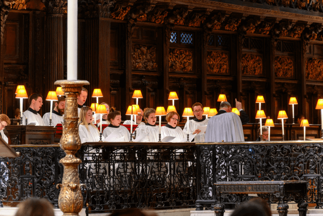 a photo of the Cathedral Choir singing in the Quire of St Paul's Cathedral