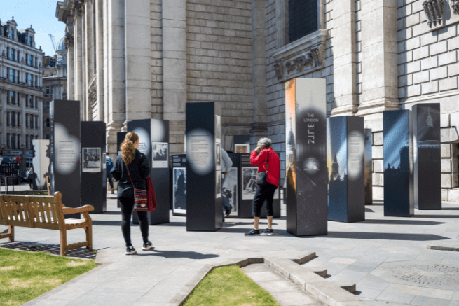 A wide shot of the new exhibition, taken from the East end of the churchyard.