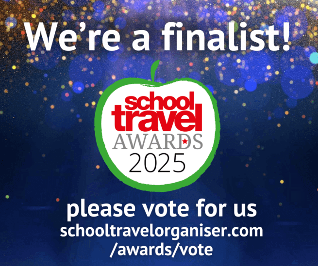 A graphic for the School Travel Awards 2025, with text saying 'We're a finalist! Please vote for us schooltravelorganiser.com/awards/vote.'