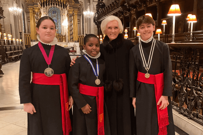 Mary Berry with Choristers Anastasia, Buchi and Hugo.