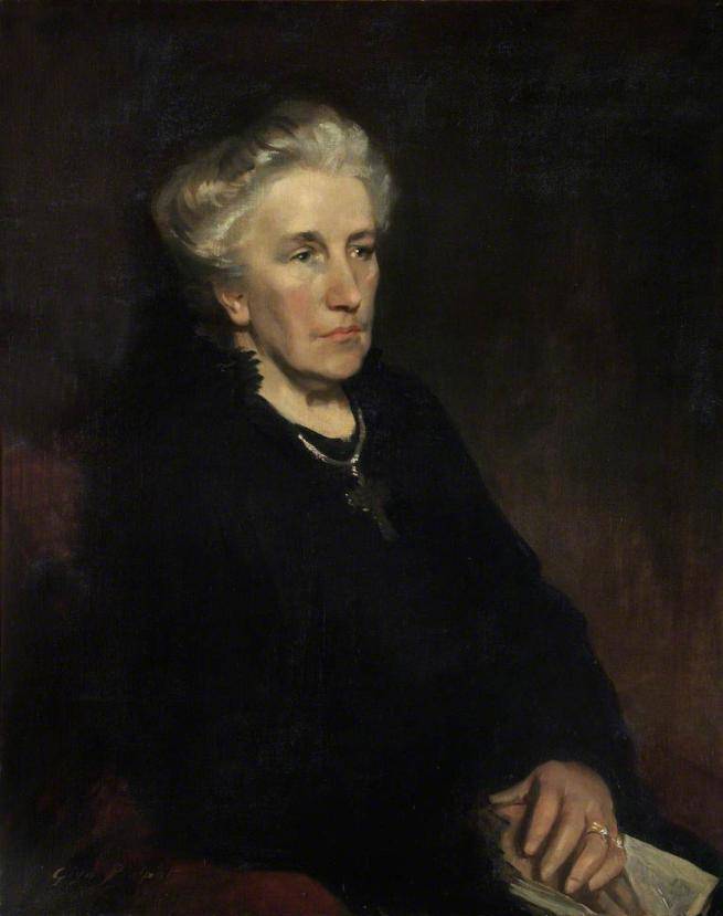 A painting of Louise Creighton, activist. Louise is depicted in later life, seated with her hands folded in her lap. She wears a plain black dress and large silver cross on a chain. Her grey hair is worn in a bun.