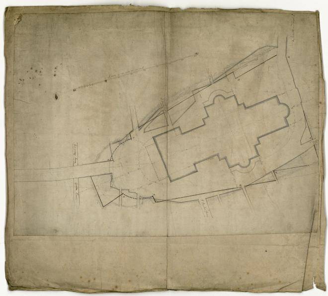 Fig. 1. Study for rebuilding the churchyard to create a symmetrical piazza, drawn by William Dickinson and Nicholas Hawksmoor, with sketching probably by Wren, c.1696–97 (WRE/7/1/1 [221])