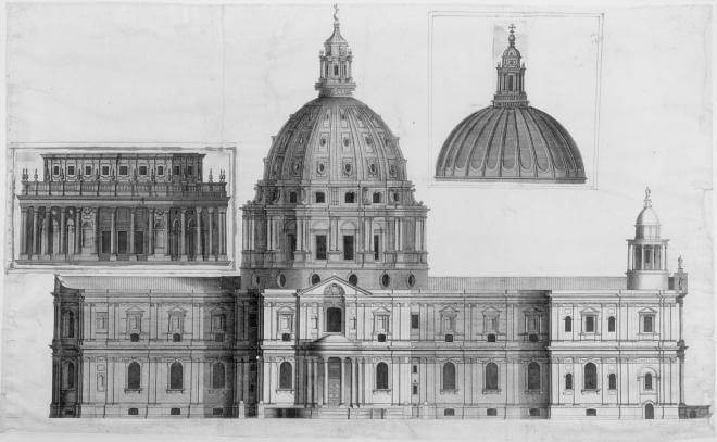 Fig. 1. Engraving of the north elevation, probably by Simon Gribelin, c.1687–88, with cut-outs from a later engraving of the finished dome (St Paul’s Cathedral, SP105)