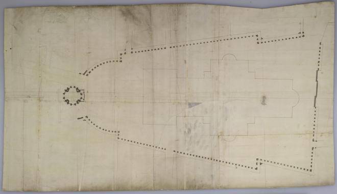 Fig. 2. Finished plan by Hawksmoor of the proposed new churchyard and precinct, with a mausoleum-like rotunda on the west side; c.1696–97 (WRE/7/1/2 [D214])