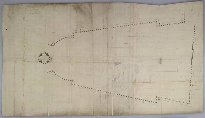 Fig. 2. Finished plan by Hawksmoor of the proposed new churchyard and precinct, with a mausoleum-like rotunda on the west side; c.1696–97 (WRE/7/1/2 [D214])