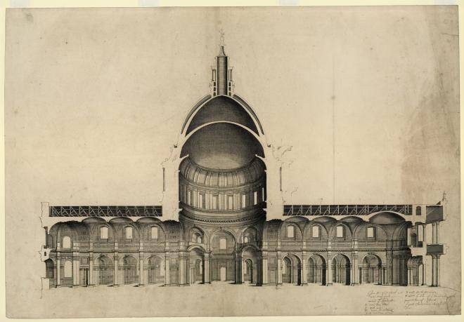 Fig. 2. Engraving of the east–west section, probably by Simon Gribelin, c.1687–88, annotated by Hawksmoor (WRE/5/1/2[D94])