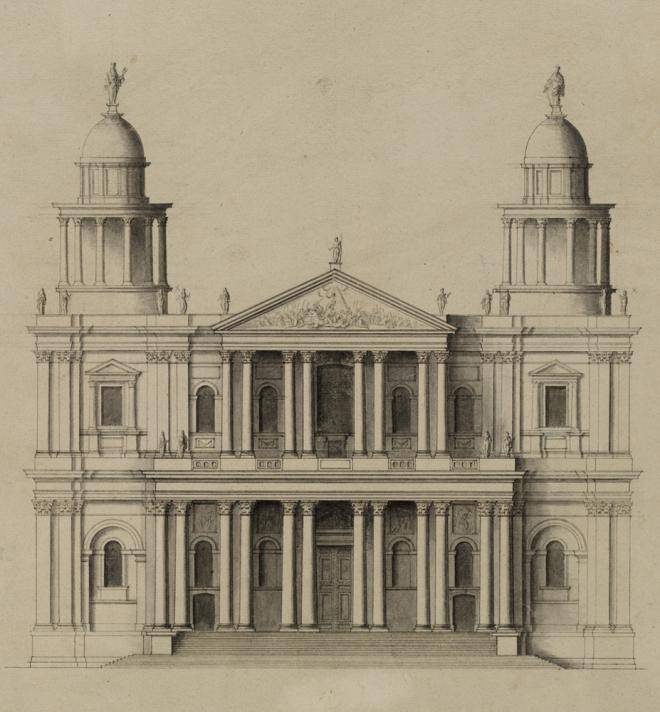 Fig. 2. ‘The Revised design’: west elevation, drawn by Hawksmoor, c.1686 (© All Souls College, Oxford, G.82)