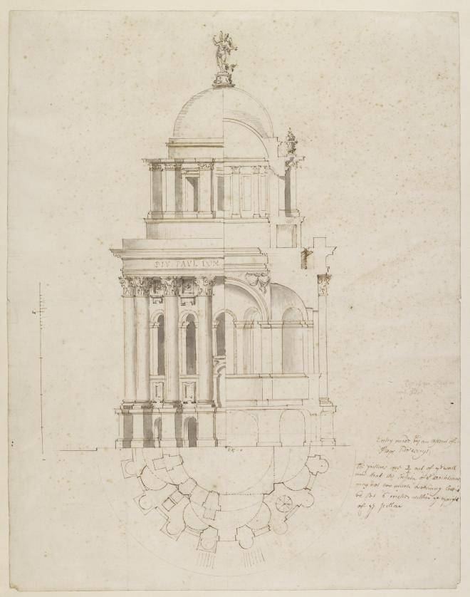 Fig. 3. Study by Hawksmoor in half-elevation, section and plan, for a mausoleum-like rotunda on the west side of the piazza, c.1696–97 (WRE/7/1/3)