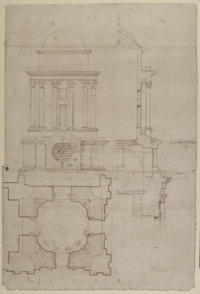 Fig. 3. Elevation, plan and half-section of the clock/belfry and lantern of the north-west tower, drawn by Hawksmoor, c.1700 (WRE/6/1/4[D142])