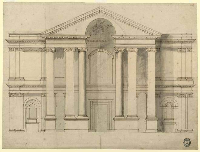 Fig. 3. Study for the west front with a giant Ionic portico, drawn by an unknown draughtsman. Datable 1685 (WRE/3/3/2[D134])